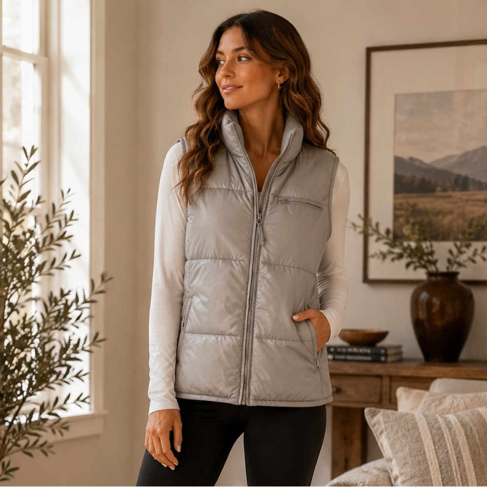 Fabletics Gray Puffer Vest Full Zip Sleeveless - Size Large